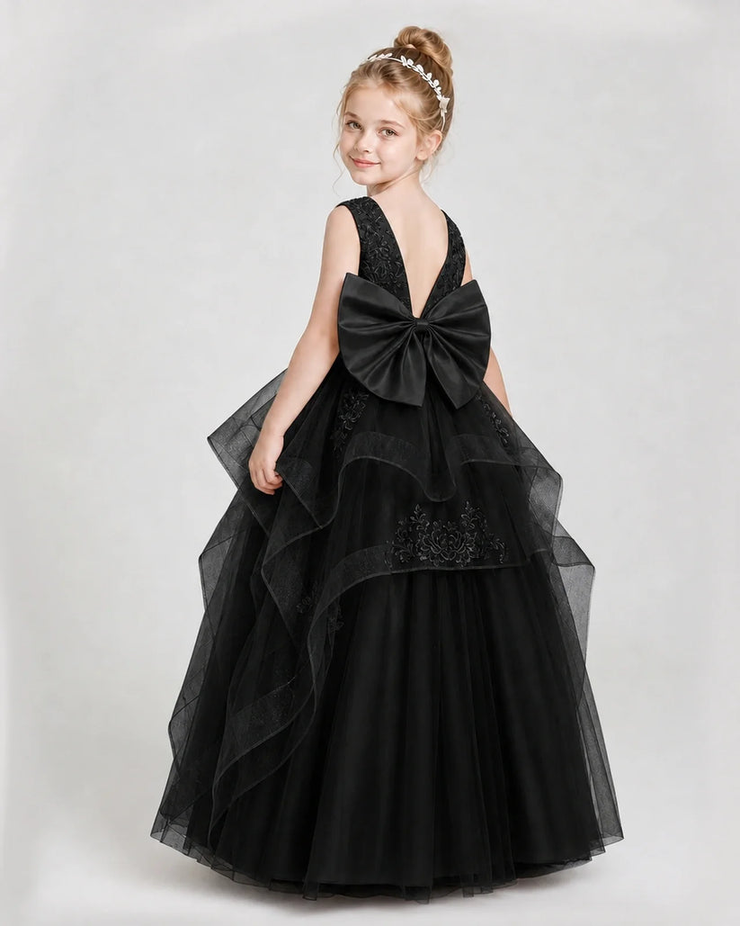 Black satin and tulle A-line gown Girls Pageant Dresses Back View