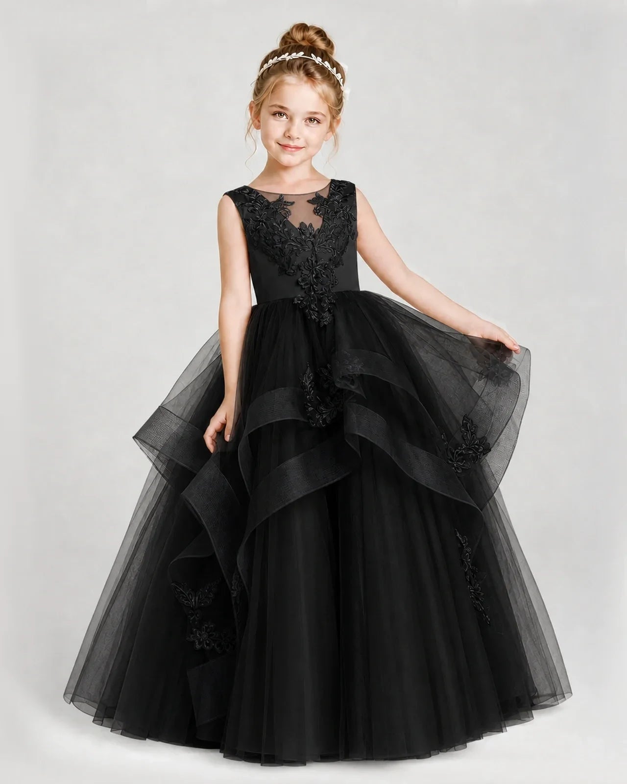 Black Satin and Tulle Tiered Girls Pageant Dresses Front View
