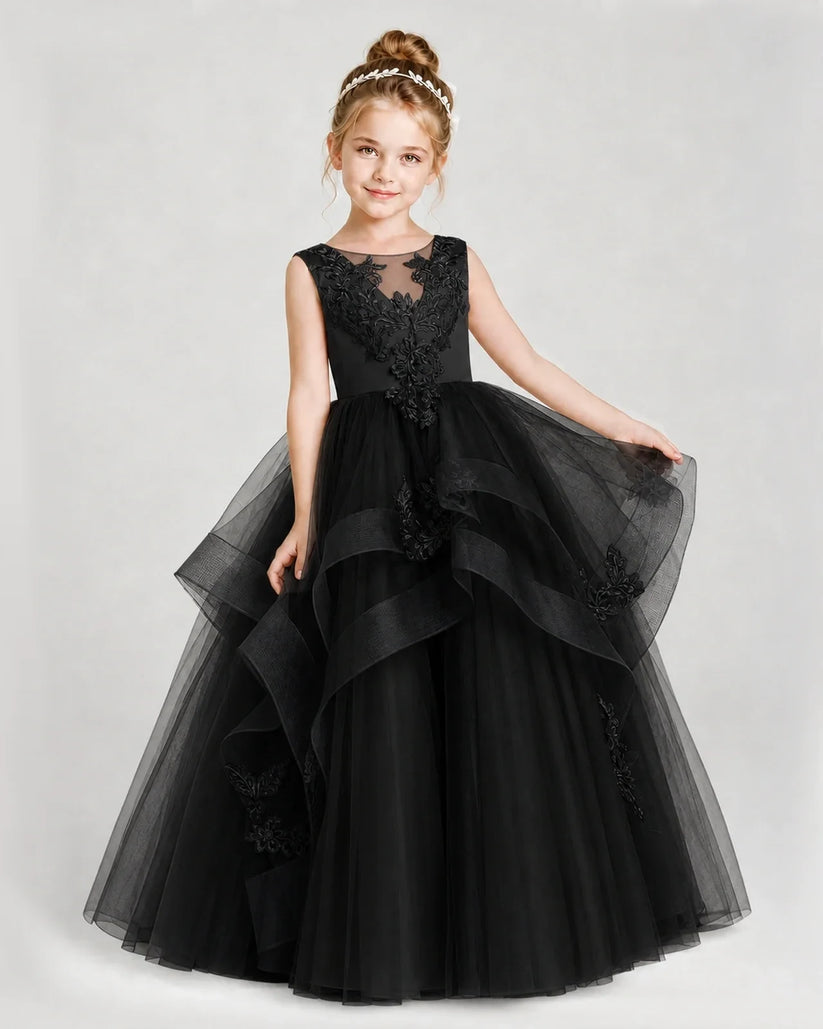 Black Satin and Tulle Tiered Girls Pageant Dresses Front View