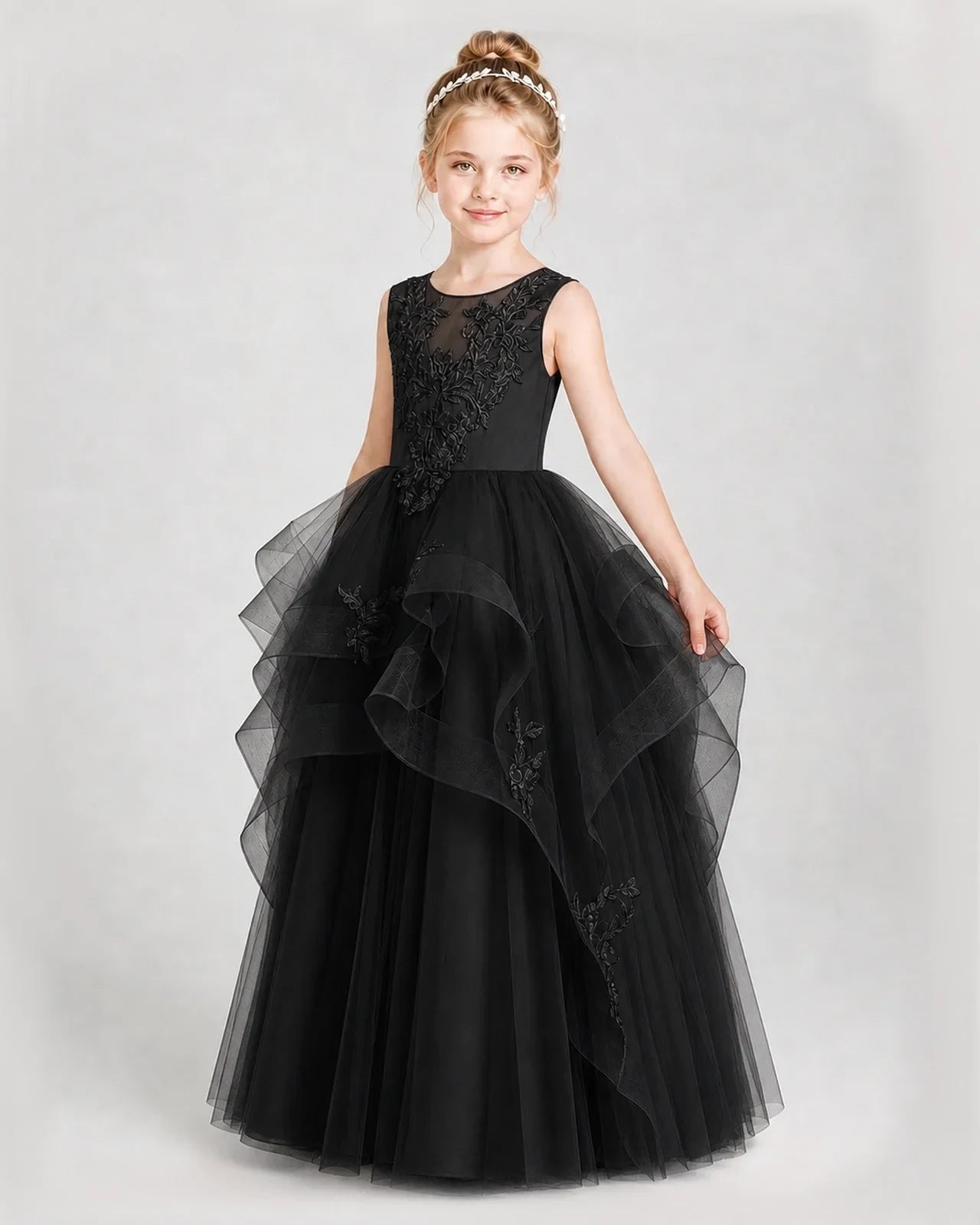 Dideyttawl Embroidered Tiered Tulle Girl Pageant Dress with Bow