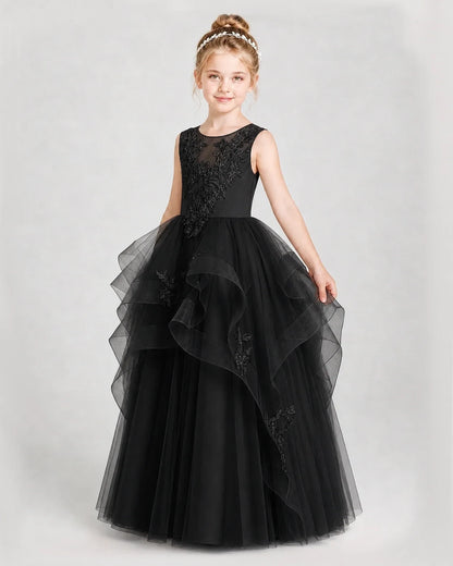 Dideyttawl Embroidered Tiered Tulle Girl Pageant Dress with Bow