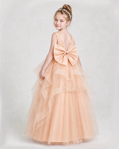 Dideyttawl Embroidered Tiered Tulle Girl Pageant Dress with Bow