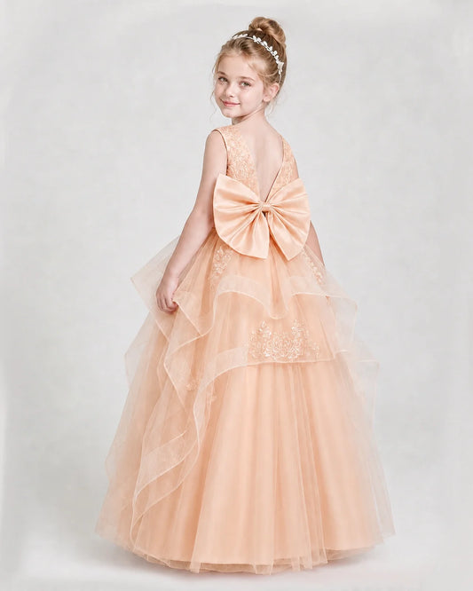 Blush Pink Satin and Tulle V-Back Bow Girls Pageant Dresses Back View