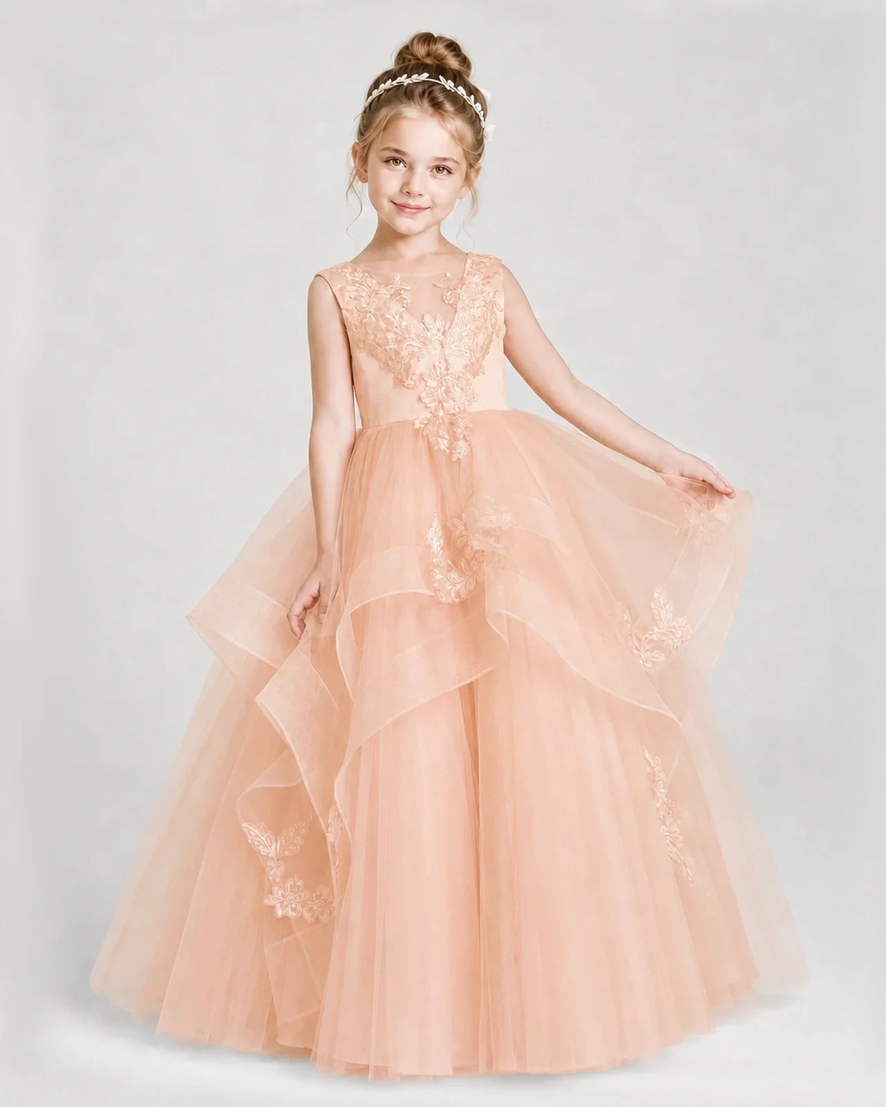 Dideyttawl Embroidered Tiered Tulle Girl Pageant Dress with Bow