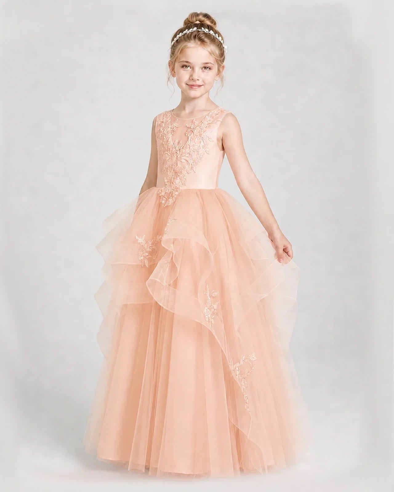 Dideyttawl Embroidered Tiered Tulle Girl Pageant Dress with Bow