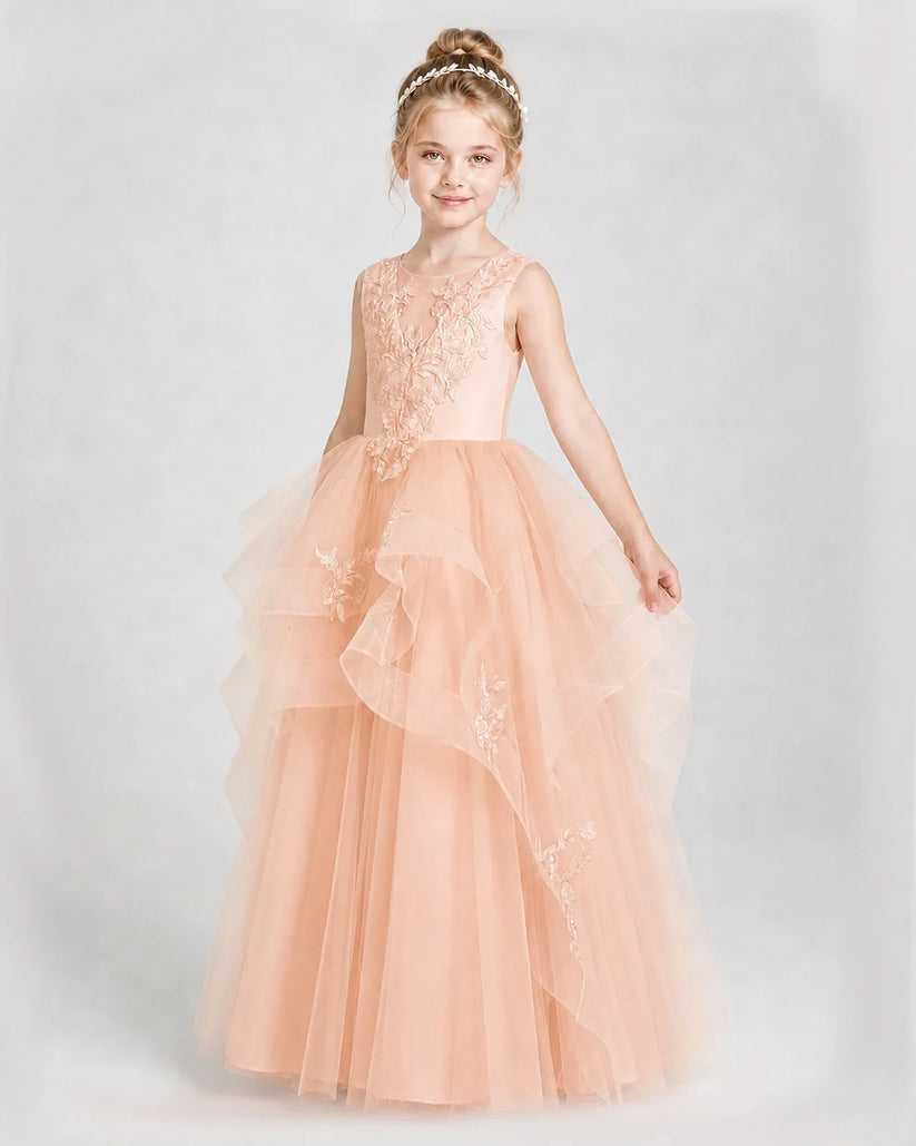 Blush Pink Satin Tulle A-Line Girls Pageant Dresses Side View