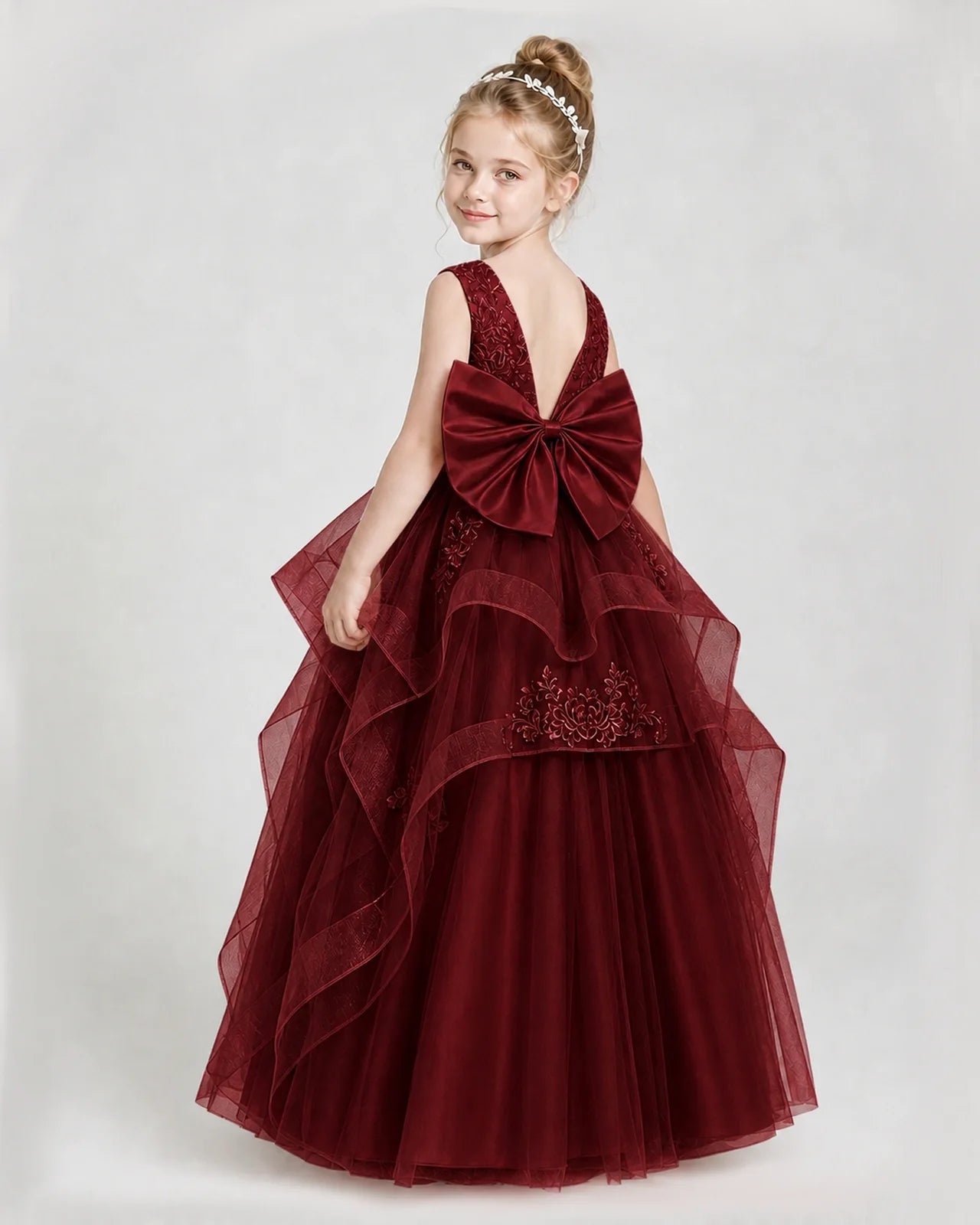 Dideyttawl Embroidered Tiered Tulle Girl Pageant Dress with Bow