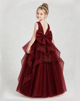 Burgundy Satin and Tulle V-Neck Ball Gown Girls Pageant Dresses Back View
