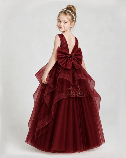 Dideyttawl Embroidered Tiered Tulle Girl Pageant Dress with Bow