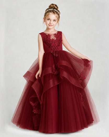 Dideyttawl Embroidered Tiered Tulle Girl Pageant Dress with Bow