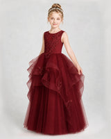 Burgundy Satin Tulle Tiered Ball Gown Girls Pageant Dresses Side View