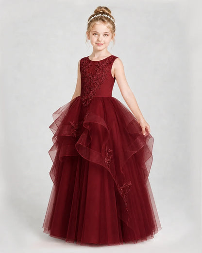 Dideyttawl Embroidered Tiered Tulle Girl Pageant Dress with Bow
