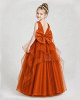 Burnt Orange Satin and Tulle V-Neck Girls Pageant Dresses Back View