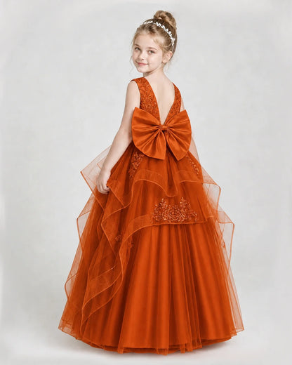 Dideyttawl Embroidered Tiered Tulle Girl Pageant Dress with Bow