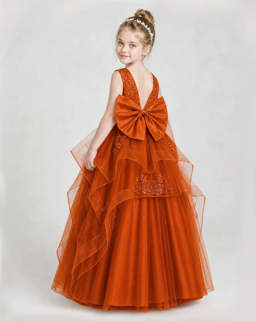 Burnt Orange Satin and Tulle V-Neck Girls Pageant Dresses Back View