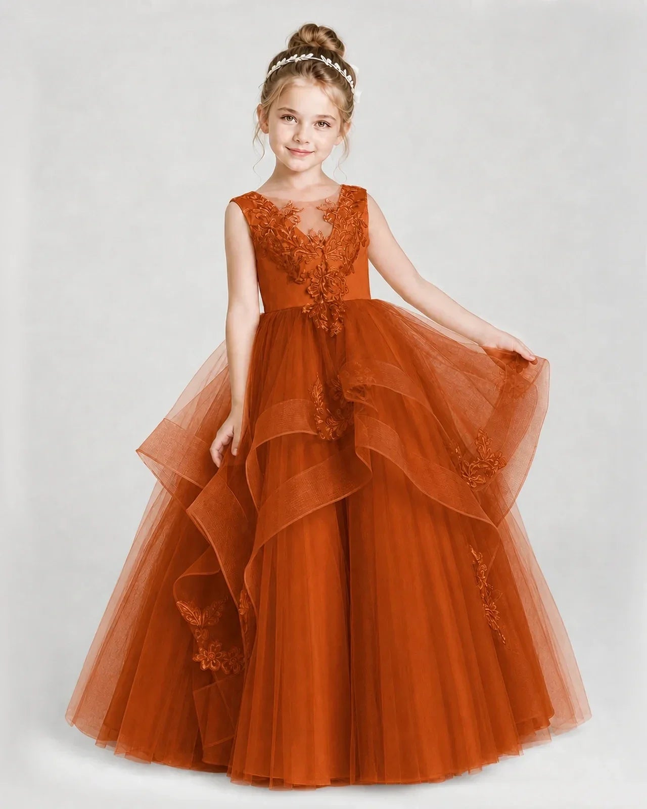 Burnt Orange Satin and Tulle Ball Gown Girls Pageant Dresses Front View