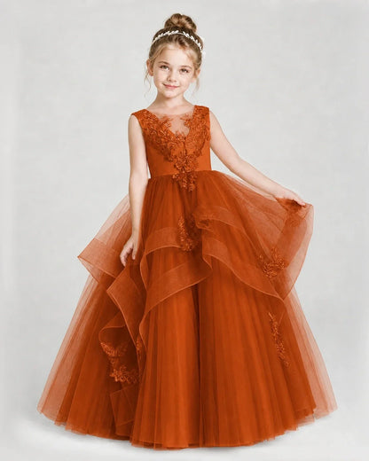 Dideyttawl Embroidered Tiered Tulle Girl Pageant Dress with Bow
