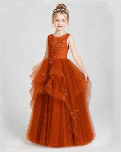 Dideyttawl Embroidered Tiered Tulle Girl Pageant Dress with Bow