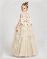 Champagne Satin Tulle V-Neck Ball Gown Girls Pageant Dresses Back View