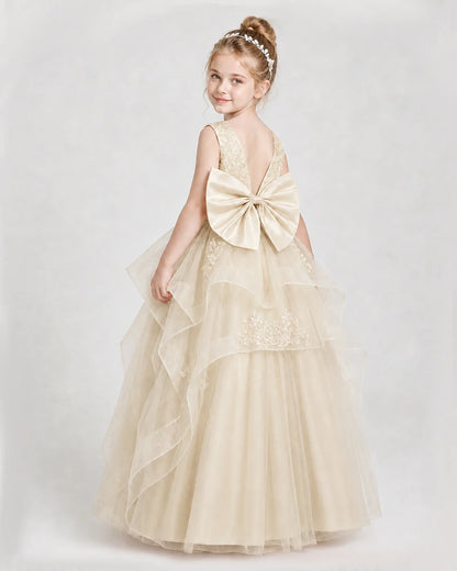 Dideyttawl Embroidered Tiered Tulle Girl Pageant Dress with Bow