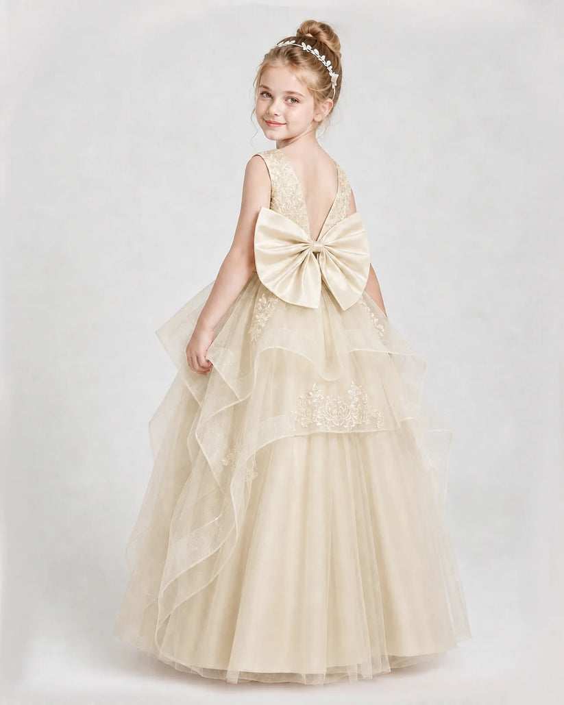 Champagne Satin Tulle V-Neck Ball Gown Girls Pageant Dresses Back View