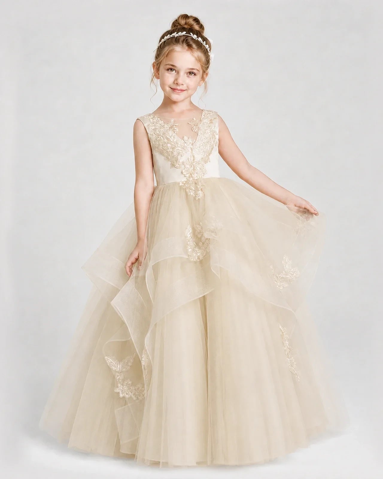 Dideyttawl Embroidered Tiered Tulle Girl Pageant Dress with Bow