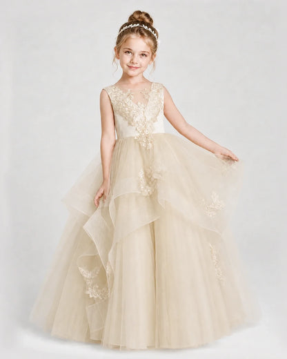 Dideyttawl Embroidered Tiered Tulle Girl Pageant Dress with Bow