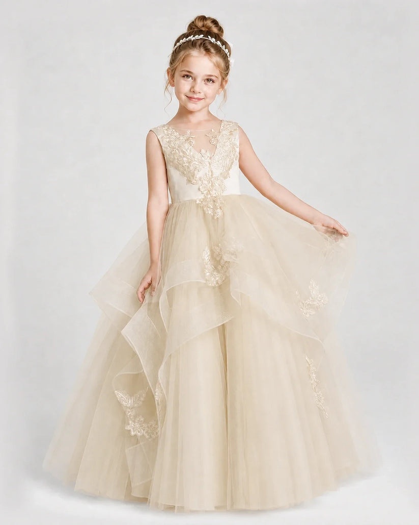 Champagne satin and tulle tiered ball gown girls pageant dress, front view