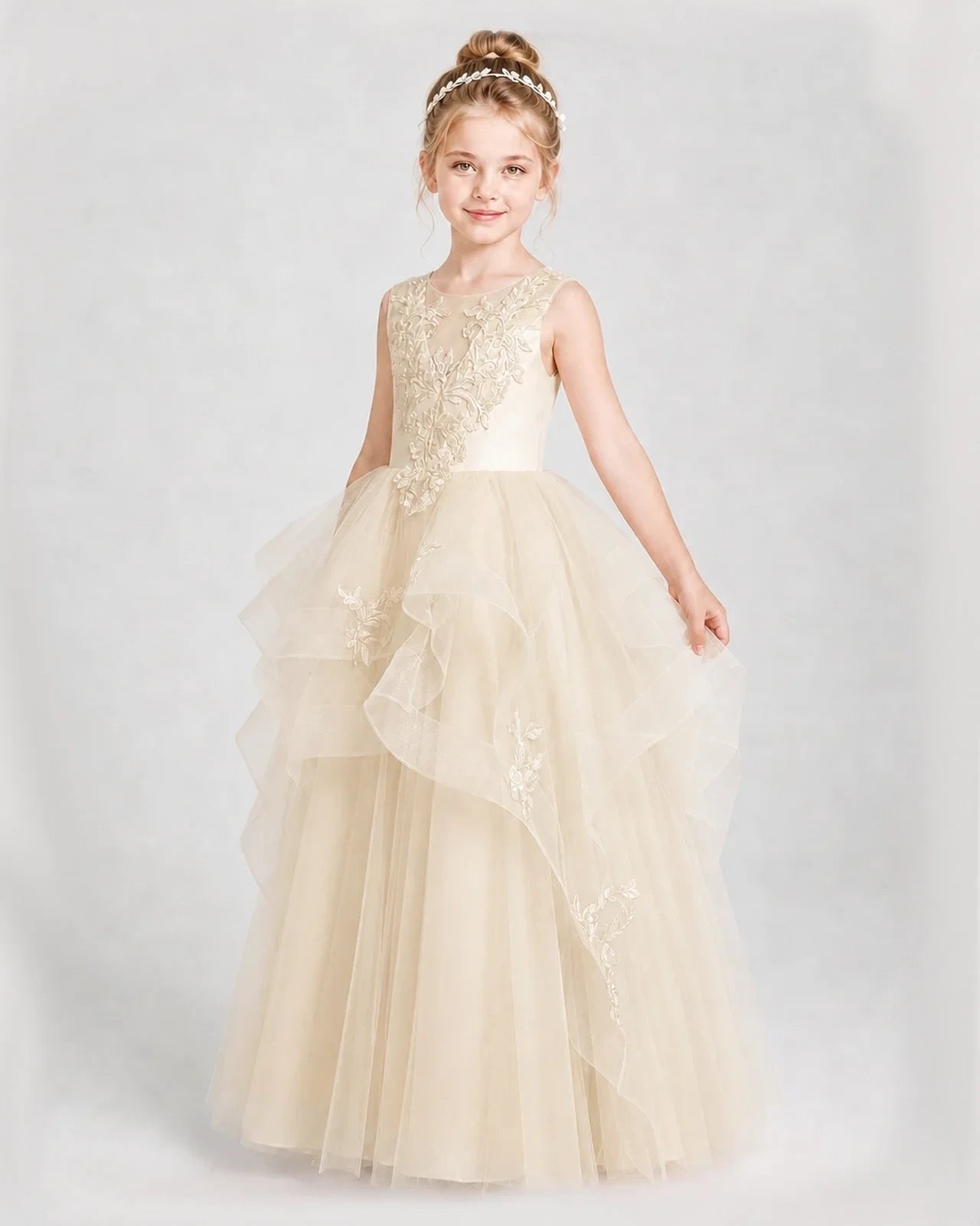 Dideyttawl Embroidered Tiered Tulle Girl Pageant Dress with Bow