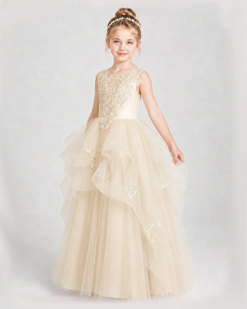 Champagne Satin Tulle Layered A-Line Girls Pageant Dresses Side View