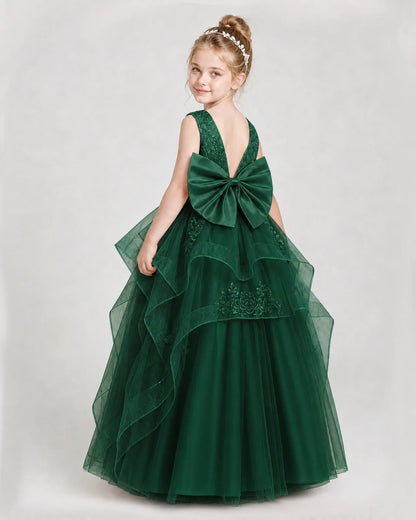 Dideyttawl Embroidered Tiered Tulle Girl Pageant Dress with Bow