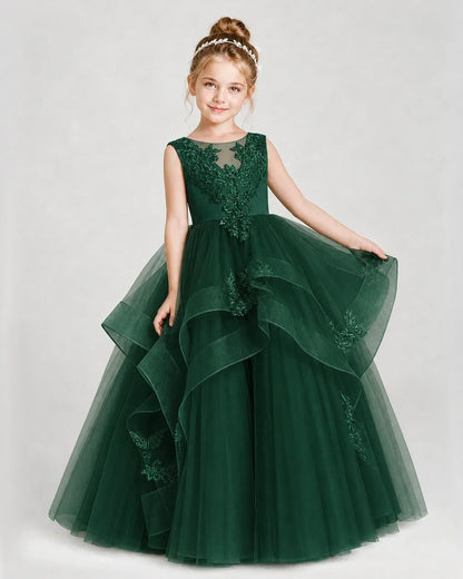 Dideyttawl Embroidered Tiered Tulle Girl Pageant Dress with Bow