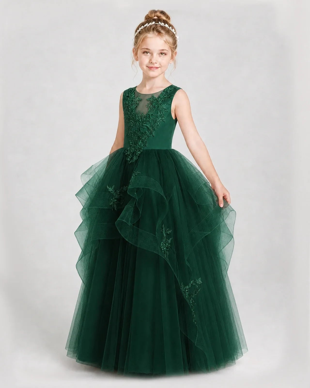 Dideyttawl Embroidered Tiered Tulle Girl Pageant Dress with Bow
