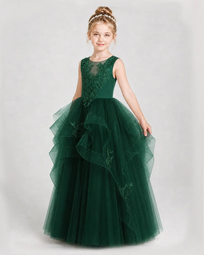 Dideyttawl Embroidered Tiered Tulle Girl Pageant Dress with Bow