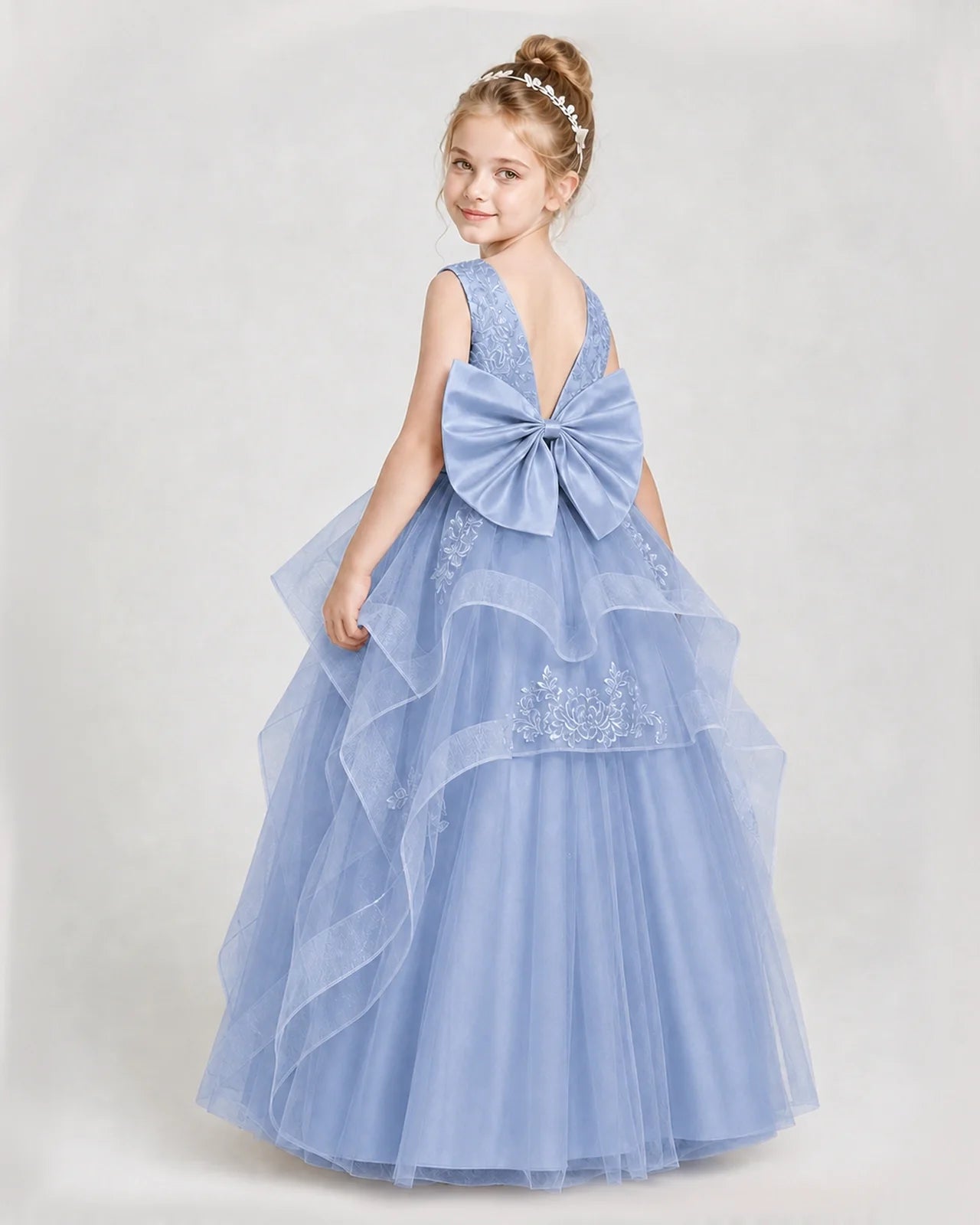 Dideyttawl Embroidered Tiered Tulle Girl Pageant Dress with Bow