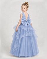Dusty Blue Satin and Tulle V-Back Bow Girls Pageant Dresses Back View