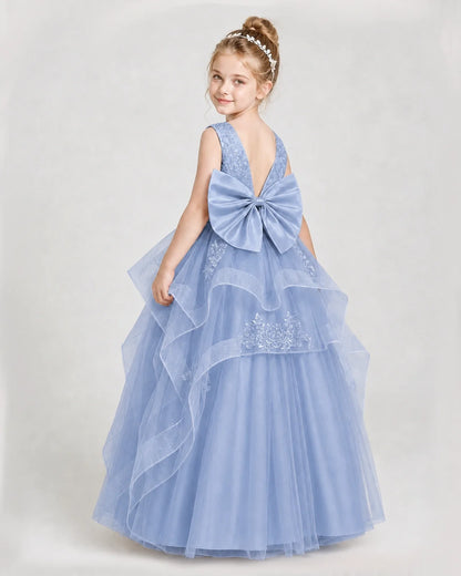 Dideyttawl Embroidered Tiered Tulle Girl Pageant Dress with Bow