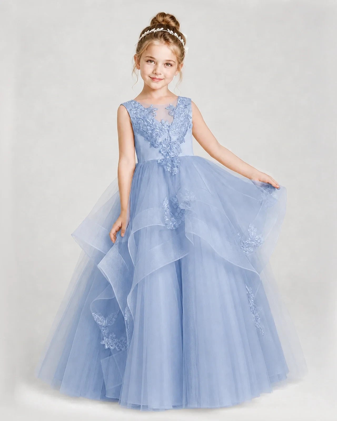 Dideyttawl Embroidered Tiered Tulle Girl Pageant Dress with Bow