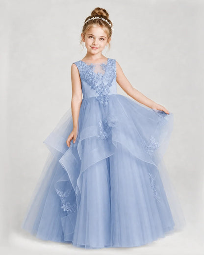 Dideyttawl Embroidered Tiered Tulle Girl Pageant Dress with Bow