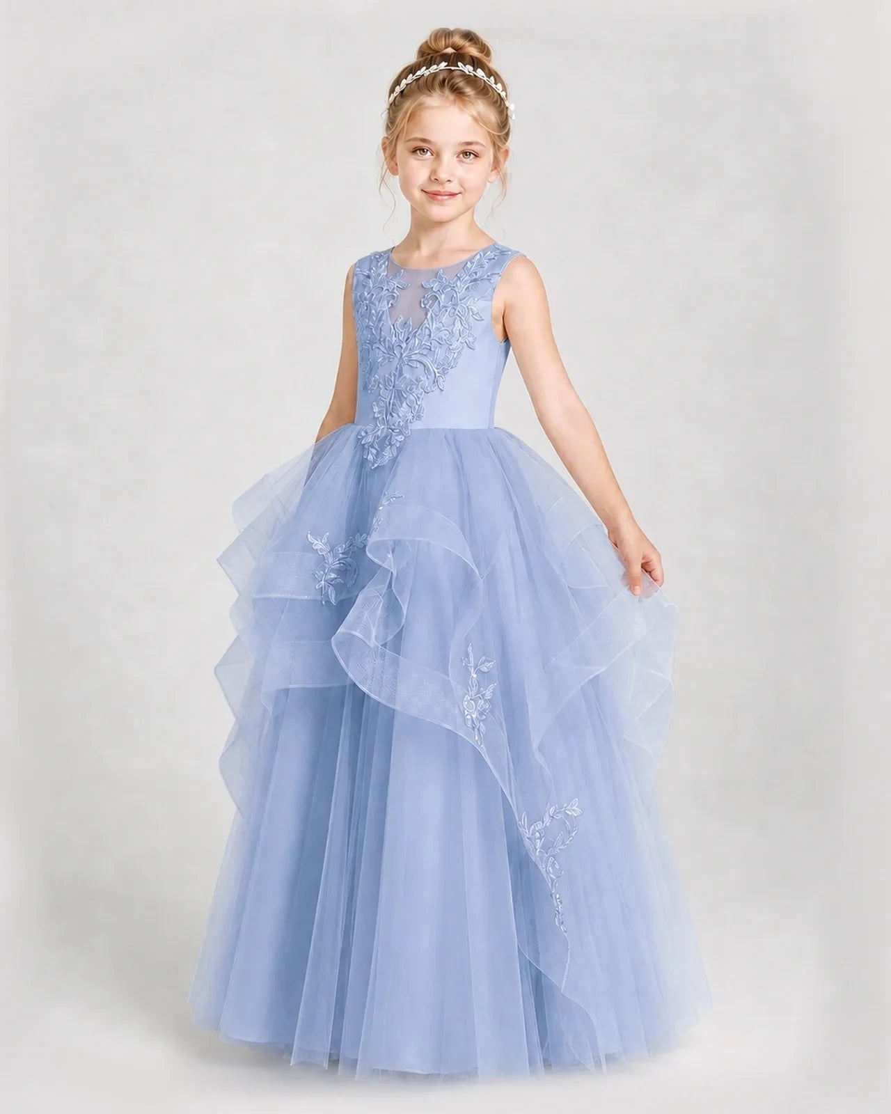 Dideyttawl Embroidered Tiered Tulle Girl Pageant Dress with Bow