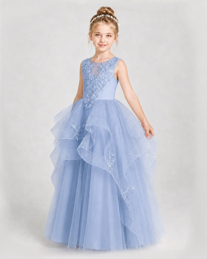 Dideyttawl Embroidered Tiered Tulle Girl Pageant Dress with Bow
