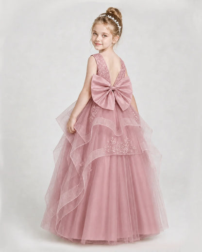 Dideyttawl Embroidered Tiered Tulle Girl Pageant Dress with Bow