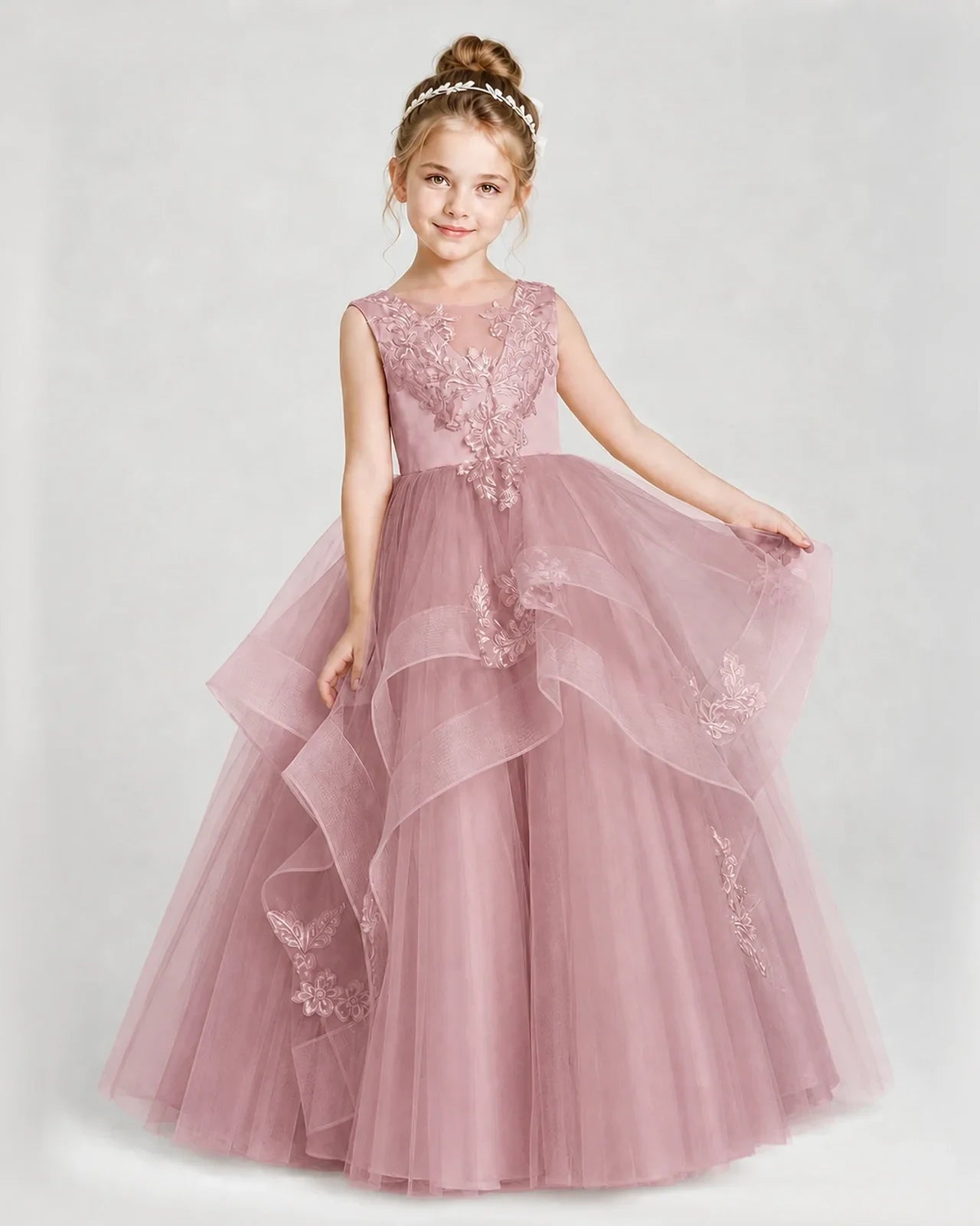 Dideyttawl Embroidered Tiered Tulle Girl Pageant Dress with Bow