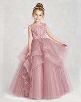 Dusty Rose Satin Tulle Layered A-Line Girls Pageant Dresses Front View