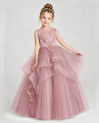 Dideyttawl Embroidered Tiered Tulle Girl Pageant Dress with Bow