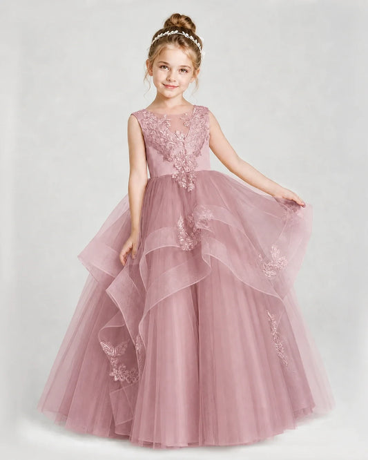 Dusty Rose Satin Tulle Layered A-Line Girls Pageant Dresses Front View