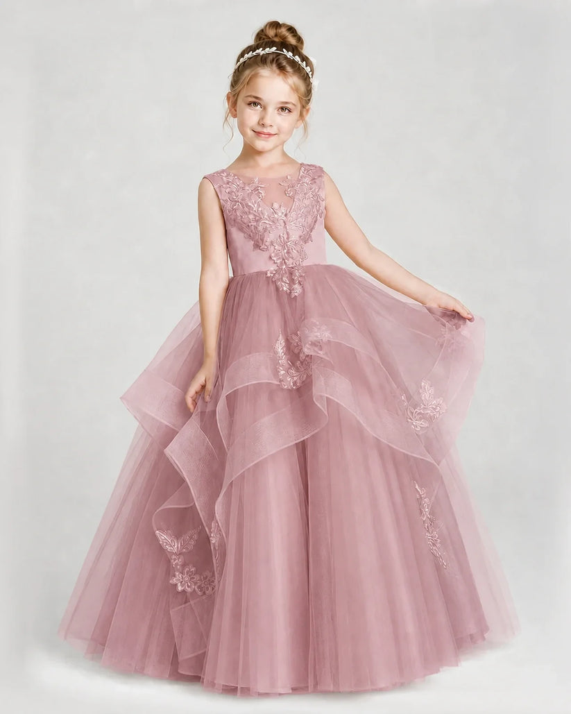 Dusty Rose Satin Tulle Layered A-Line Girls Pageant Dresses Front View