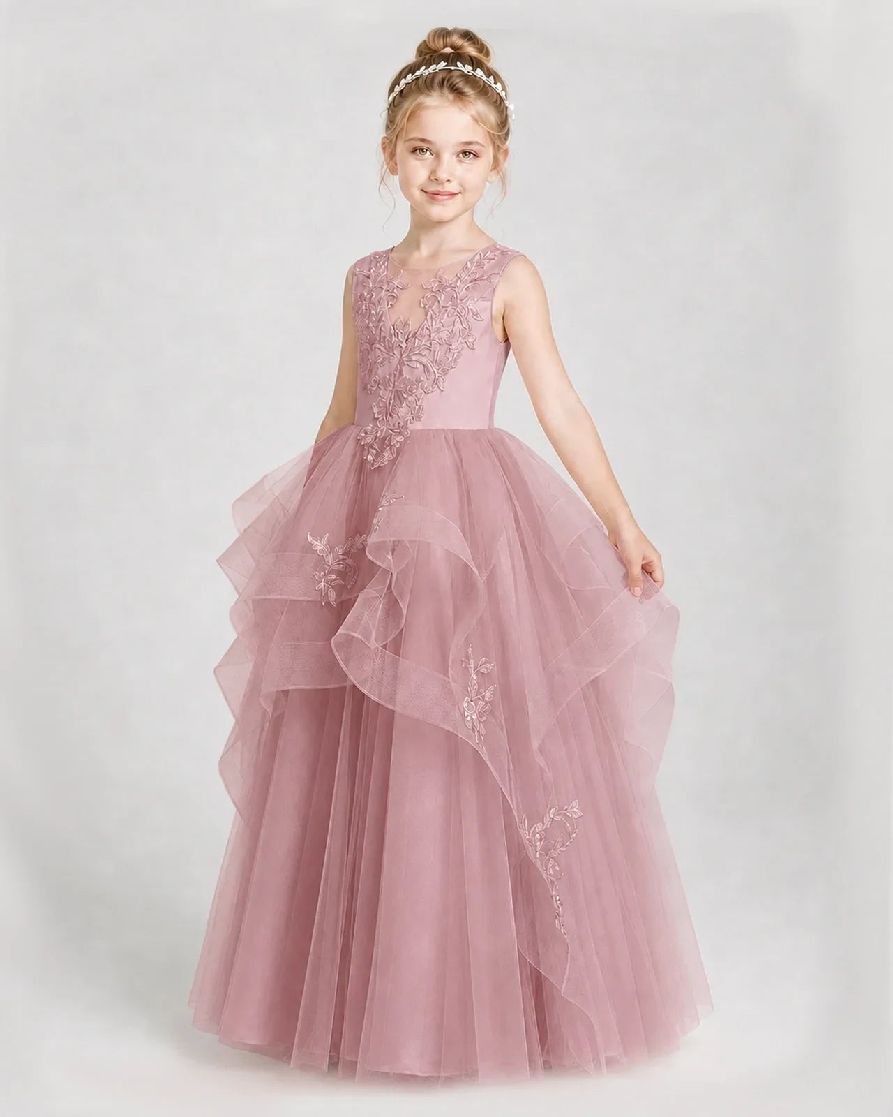 Dideyttawl Embroidered Tiered Tulle Girl Pageant Dress with Bow