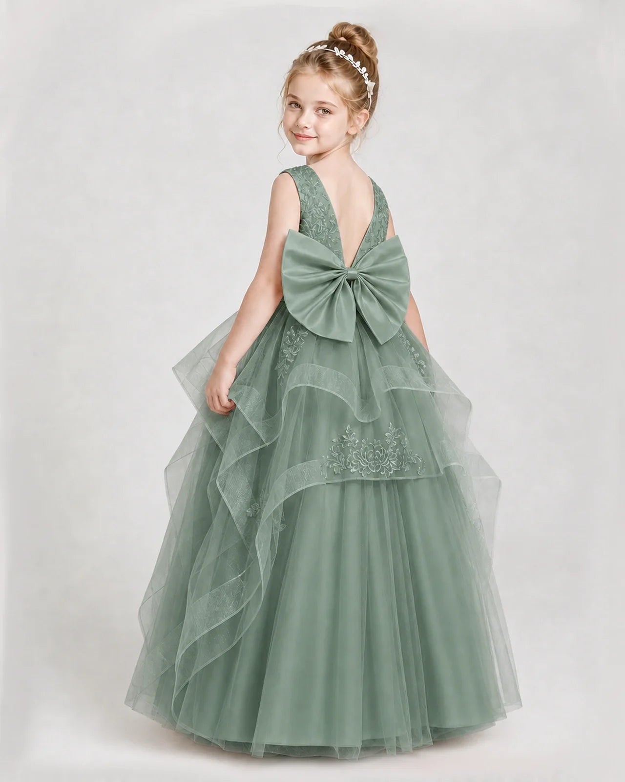 Dideyttawl Embroidered Tiered Tulle Girl Pageant Dress with Bow