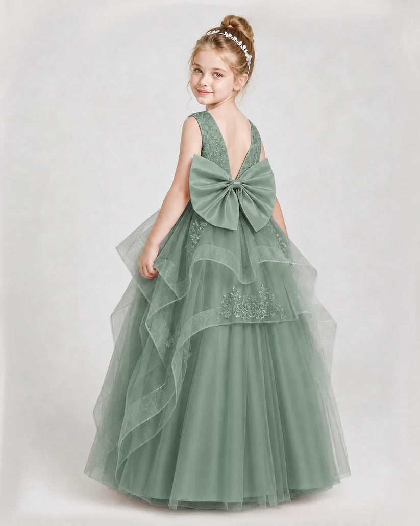 Eucalyptus Satin Tulle V-Back A-Line Girls Pageant Dresses Back View